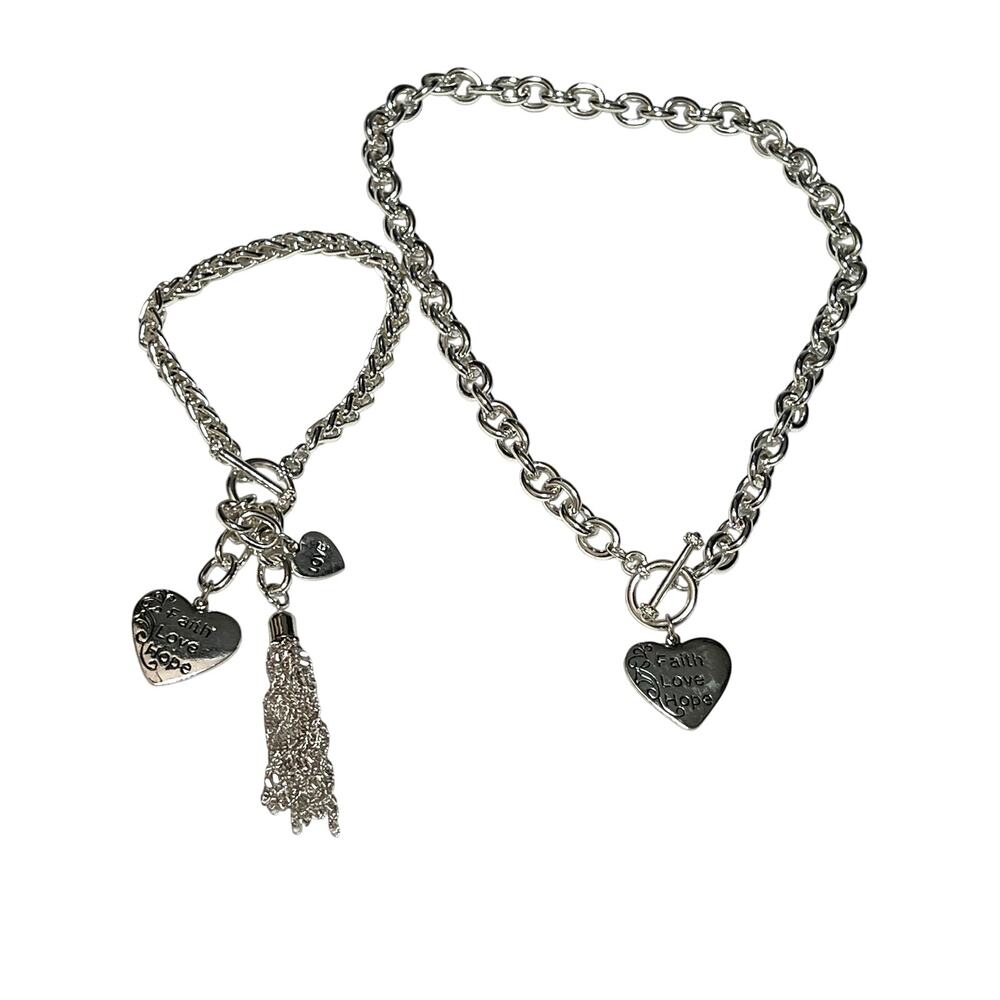 Silver Inspiration Affirmation Heart Pendant Chain Necklace & Bracelet Set NWT